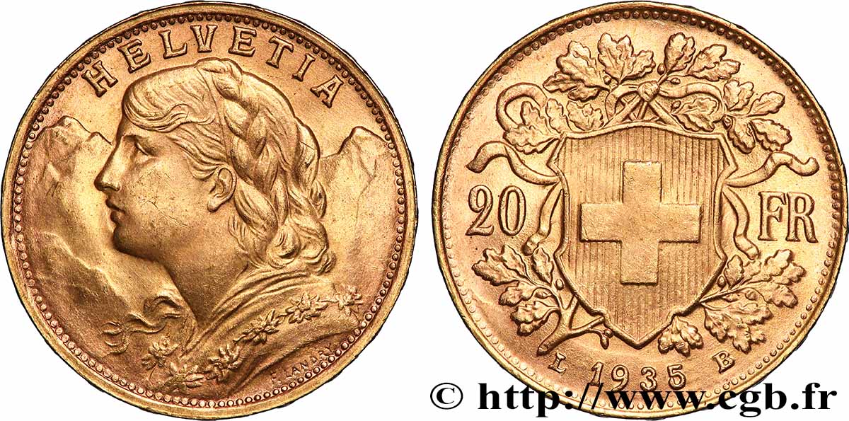 GOLD, PALLADIUM & PLATINUM INVESTMENT 20 Francs &nbsp;Vreneli&nbsp; 1935 Berne AU 