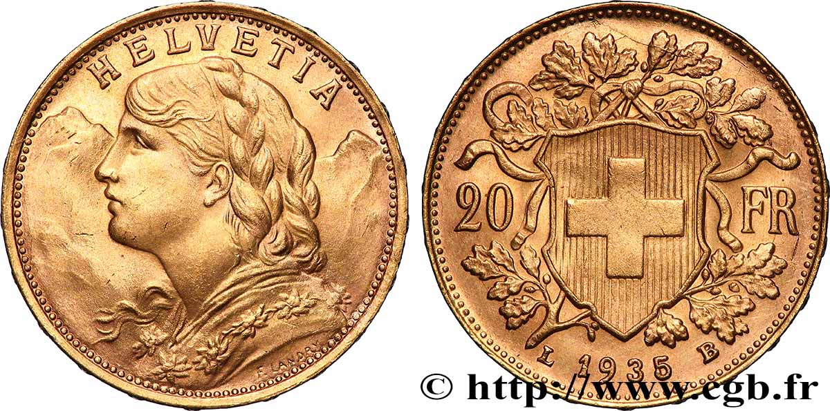 OR, PALLADIUM ET PLATINE INVESTISSEMENT 20 Francs &nbsp;Vreneli&nbsp; 1935 Berne SUP 