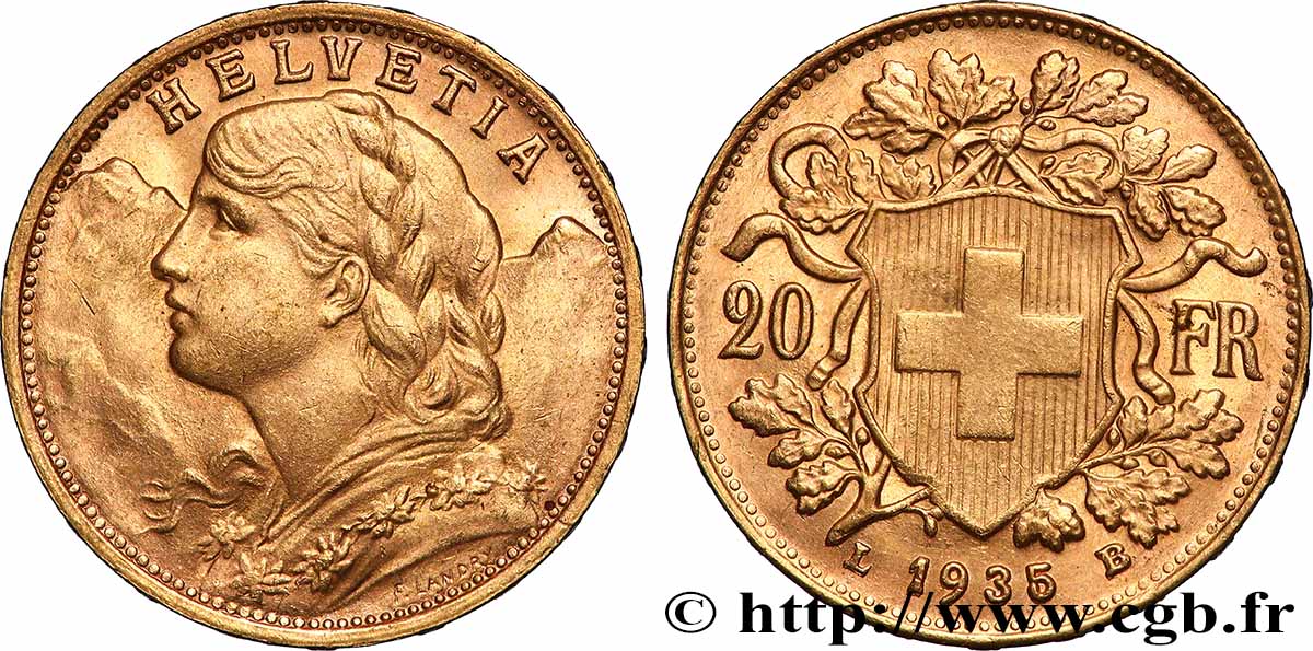 GOLD, PALLADIUM & PLATINUM INVESTMENT 20 Francs &nbsp;Vreneli&nbsp; 1935 Berne AU 