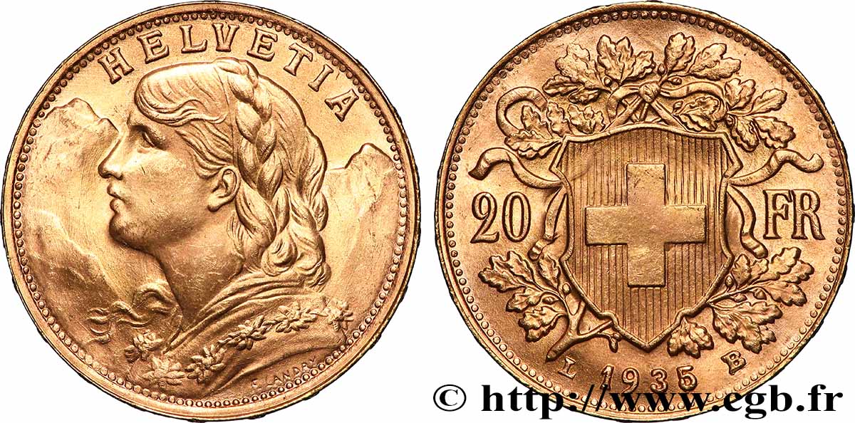 GOLD, PALLADIUM & PLATINUM INVESTMENT 20 Francs &nbsp;Vreneli&nbsp; 1935 Berne AU 