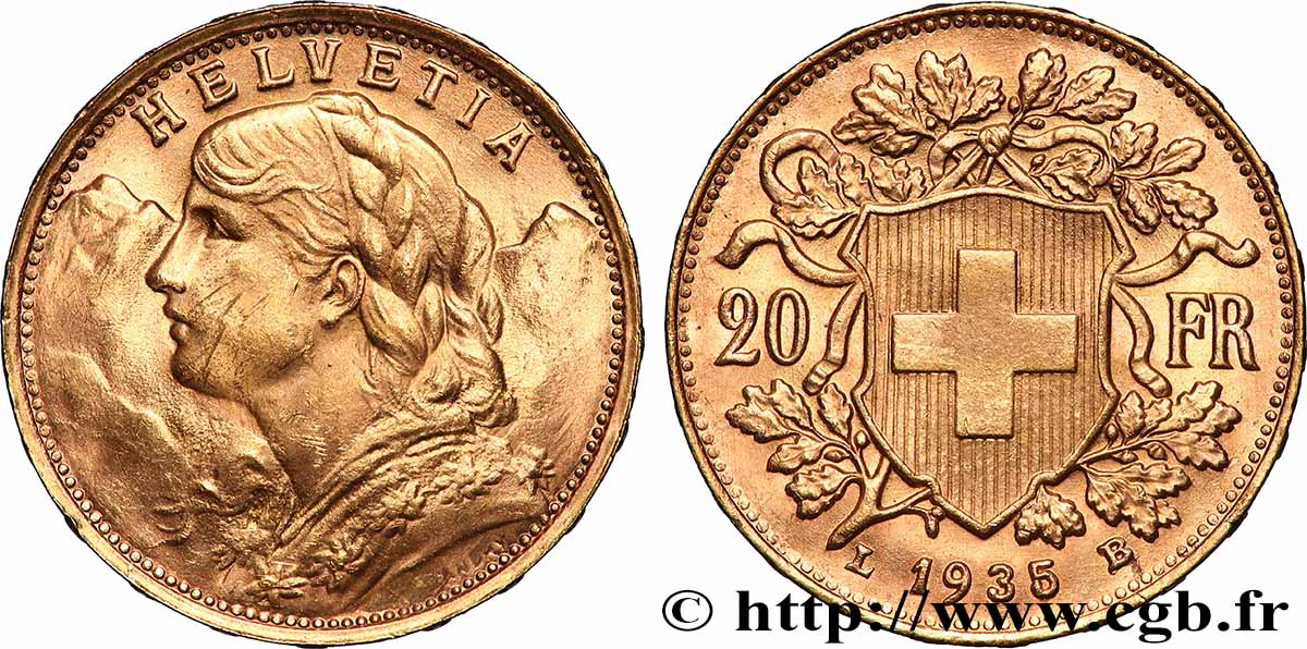 GOLD, PALLADIUM & PLATINUM INVESTMENT 20 Francs &nbsp;Vreneli&nbsp; 1935 Berne AU 