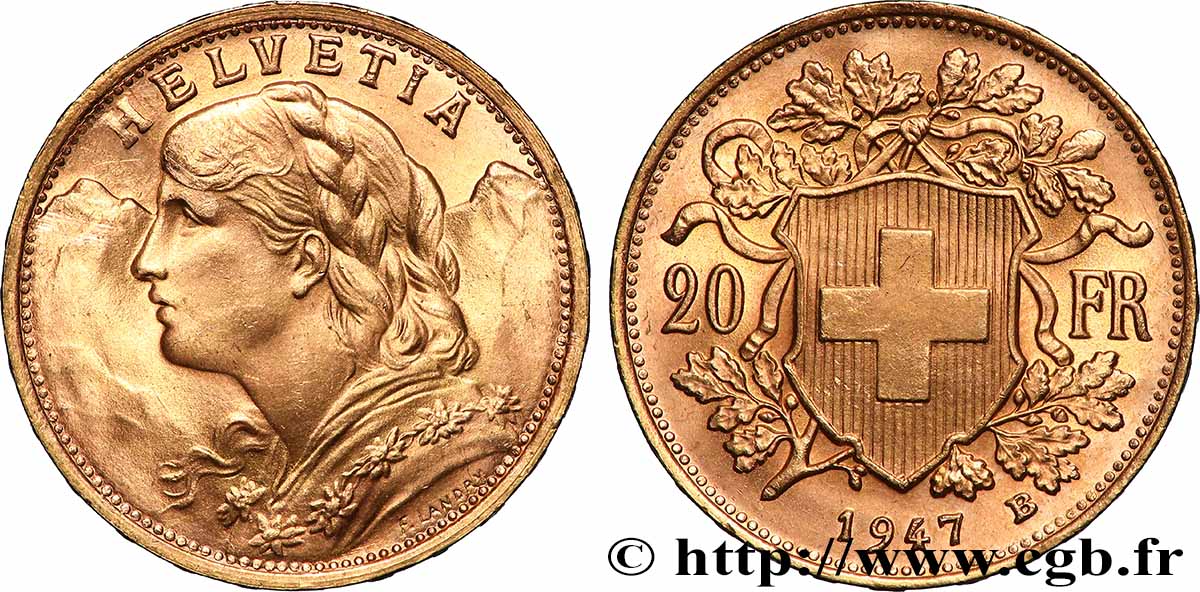 OR, PALLADIUM ET PLATINE INVESTISSEMENT 20 Francs or &nbsp;Vreneli&nbsp; 1947 Berne SUP 