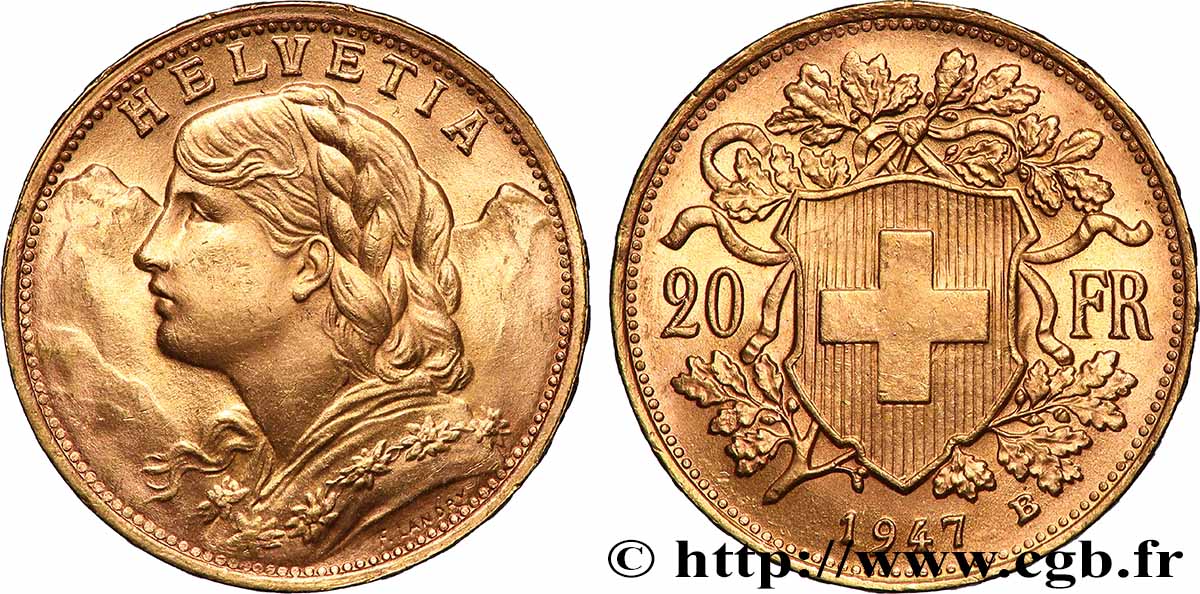 ORO, PALADIO Y PLATINO INVERSIÓN 20 Francs or &nbsp;Vreneli&nbsp; 1947 Berne SC 