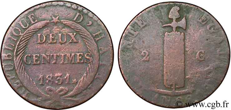 HAITI 2 Centimes faisceau, an 28 1831  VG 