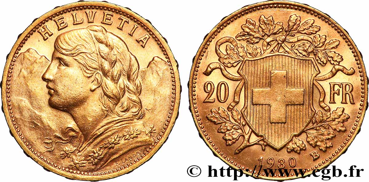 SUISSE 20 Francs &nbsp;Vreneli&nbsp; 1930 Berne SPL 