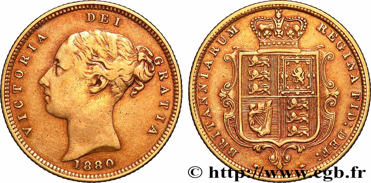 ROYAUME-UNI 1/2 Souverain Victoria buste jeune 1880 Londres TTB 