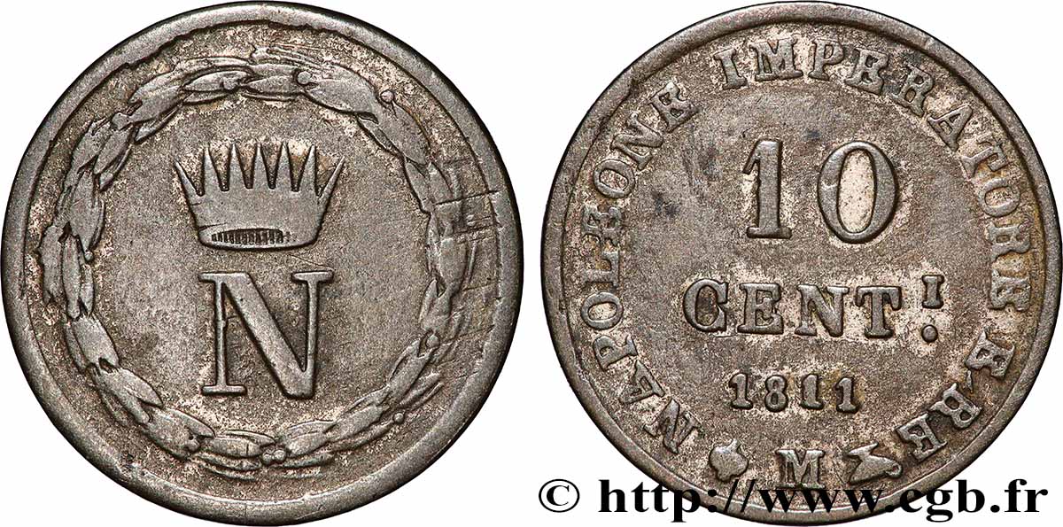 ITALY - KINGDOM OF ITALY - NAPOLEON I 10 Centesimi 1811 Milan XF 