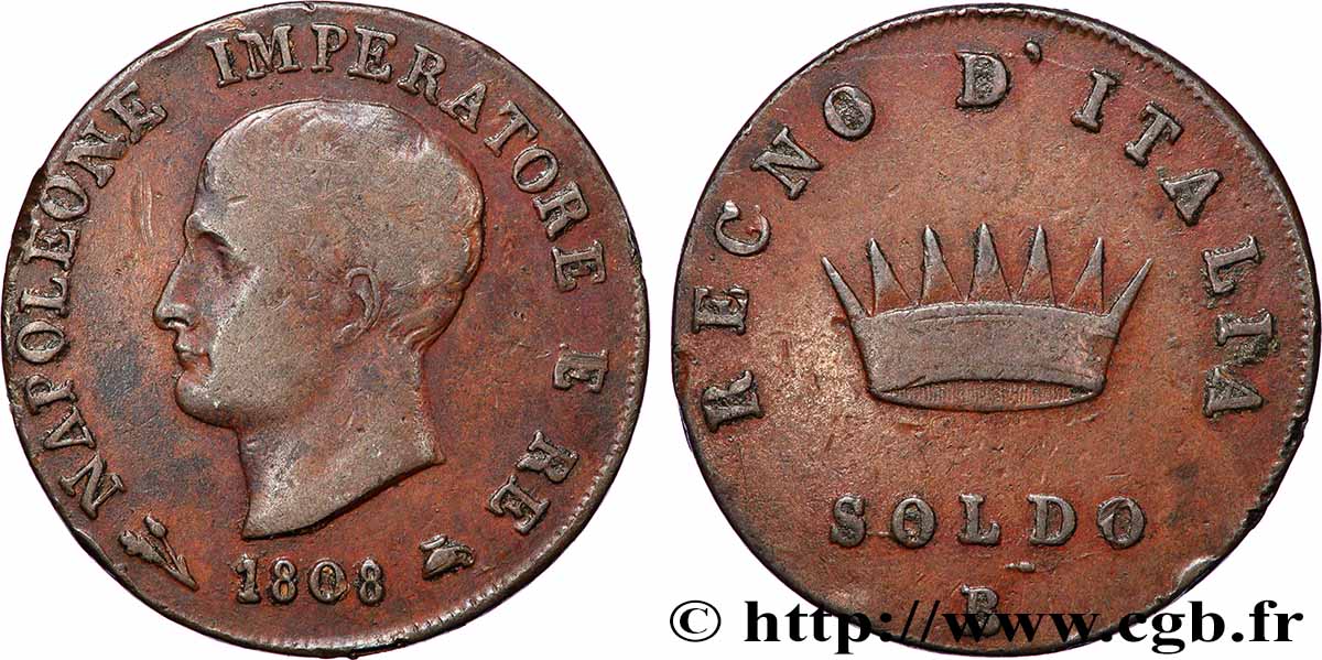 ITALY - KINGDOM OF ITALY - NAPOLEON I 1 Soldo 1808 Bologne XF 