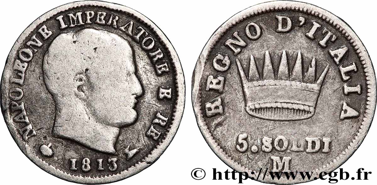 ITALY - KINGDOM OF ITALY - NAPOLEON I 5 Soldi 1813 Milan - M VF/VF 