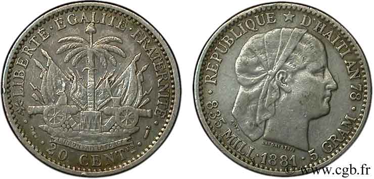 HAITI 20 Centimes emblème “Liberté créole” de Roty 1881 Paris XF 