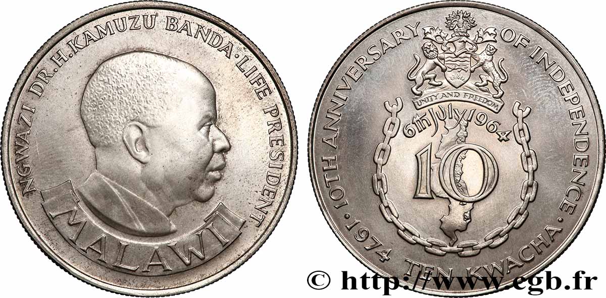 MALAWI 10 Kwacha President Dr. Hastings Kamuzu Banda - 10e anniversaire de l’indépendance 1974 Llantrisant SPL 
