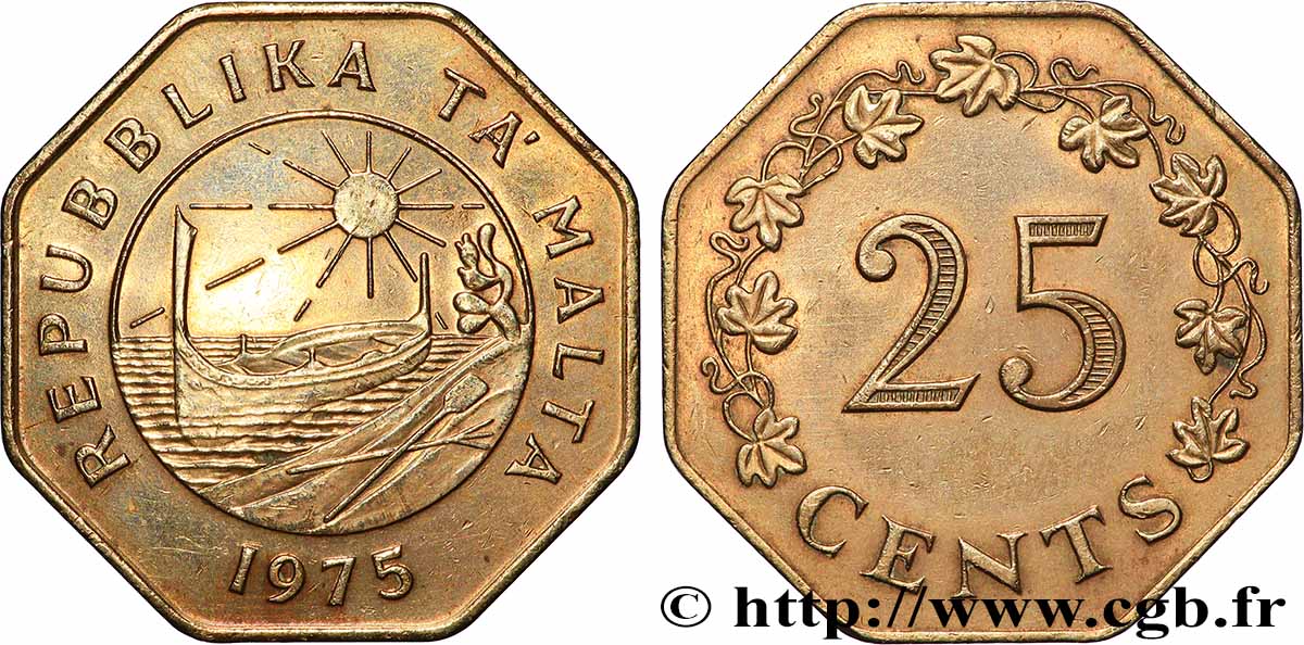 MALTA 25 Cents 1er anniversaire de la République de Malte 1975 Llantrisant AU 
