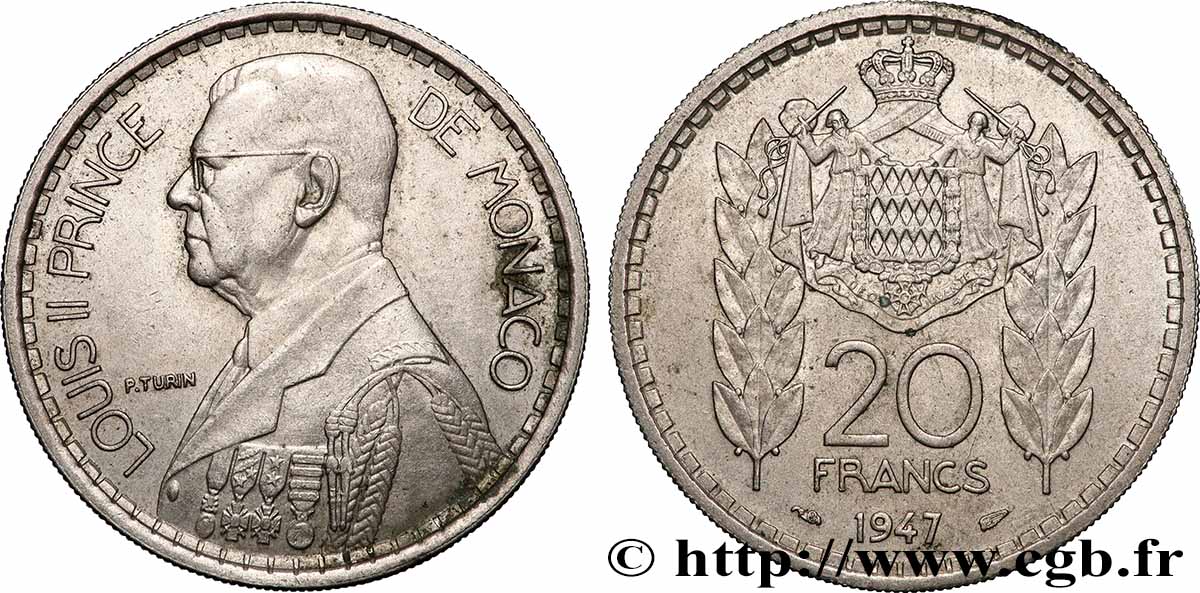 MONACO 20 Francs prince Louis II 1947 Paris AU 