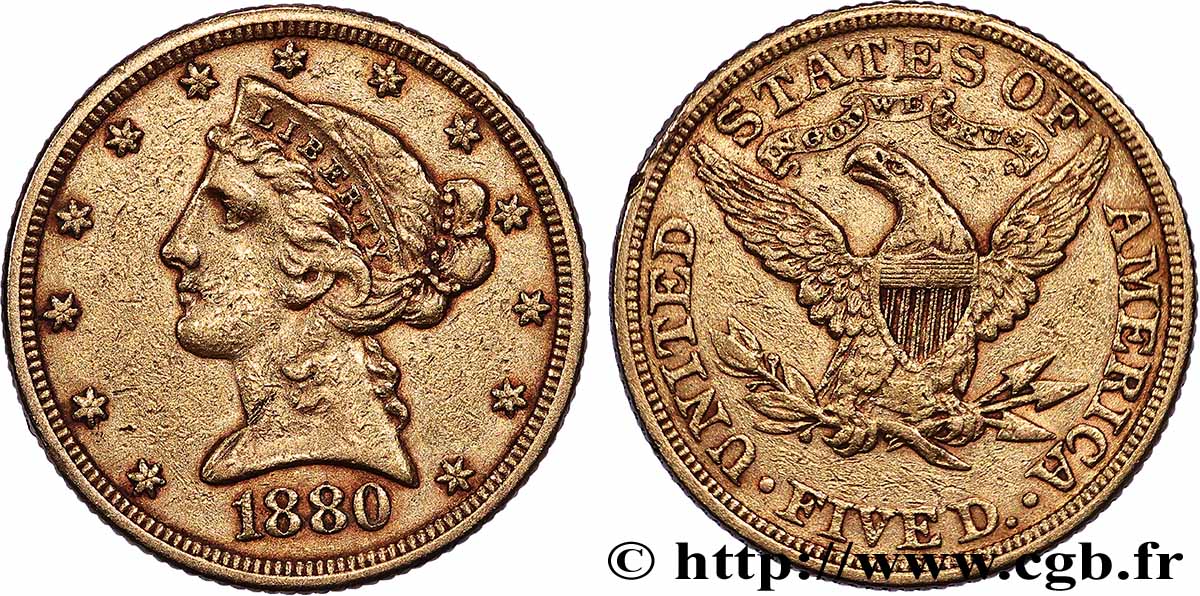 GOLD, PALLADIUM & PLATINUM INVESTMENT 5 Dollars &nbsp;Liberty&nbsp; 1880 Philadelphie XF 