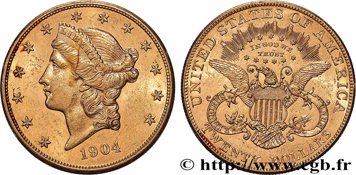 OR, PALLADIUM ET PLATINE INVESTISSEMENT 20 Dollars &nbsp;Liberty&nbsp; 1904 Philadelphie SUP 