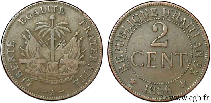 HAITI 2 Centimes emblème 1886 Paris MBC 