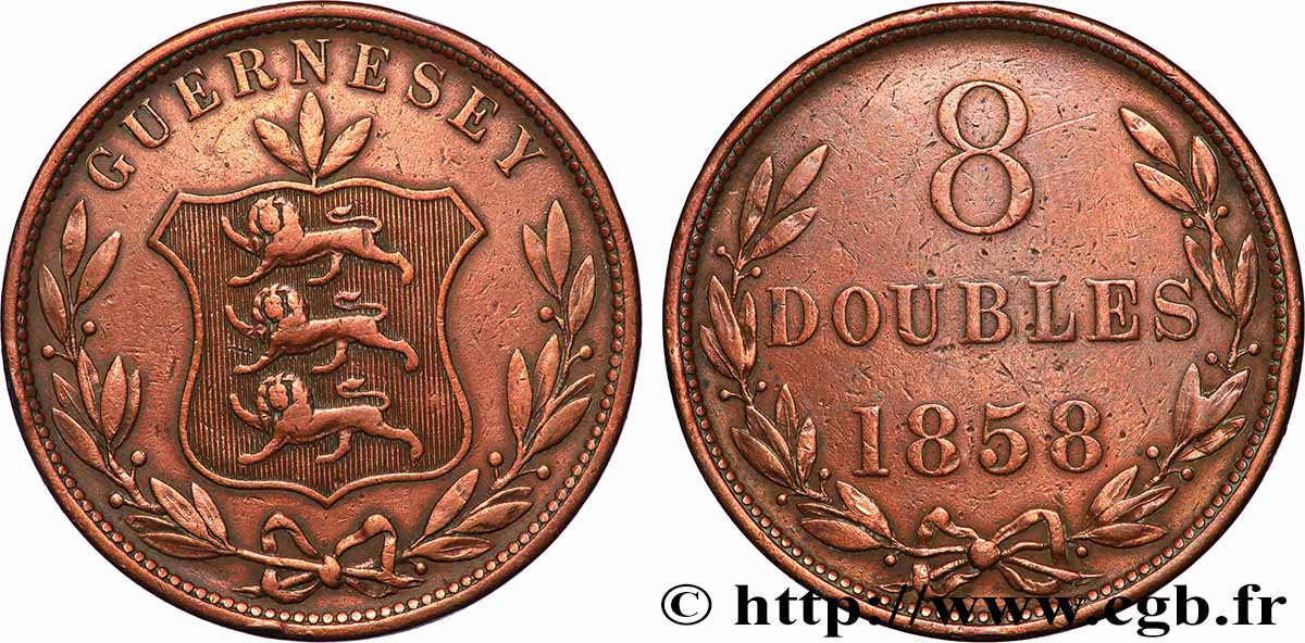 GUERNSEY 8 Doubles armes du baillage de Guernesey 1858 Heaton VF 