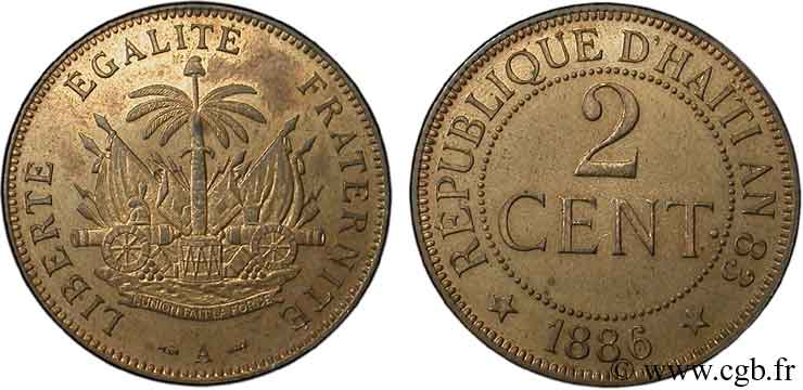 HAITI 2 Centimes emblème 1886 Paris SC 