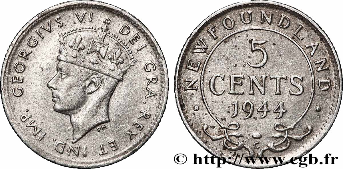 NEWFOUNDLAND 5 Cents Georges VI 1944  AU 