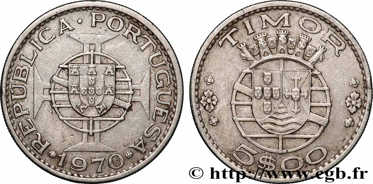 TIMOR 5 Escudos Colonie Portugaise 1970 Lisbonne TTB+ 