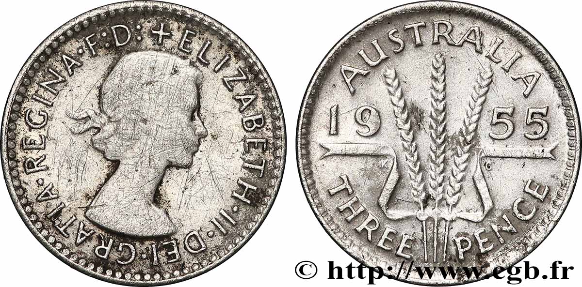AUSTRALIA 3 Pence Elisabeth II 1955 Melbourne BC+ 