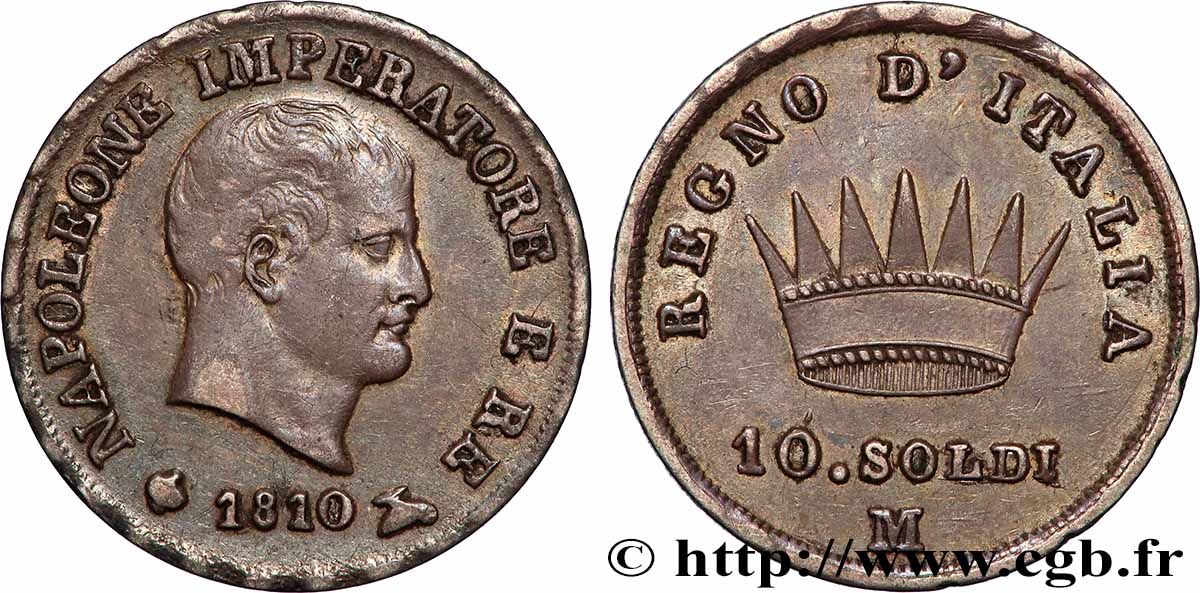 ITALY - KINGDOM OF ITALY - NAPOLEON I 10 soldi 1810 Milan AU 