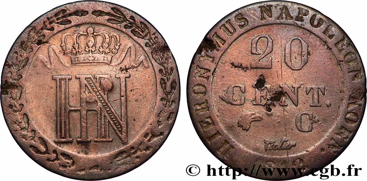 ALLEMAGNE - ROYAUME DE WESTPHALIE 20 Cent. monogramme de Jérôme Napoléon 1812 Cassel - C TTB 