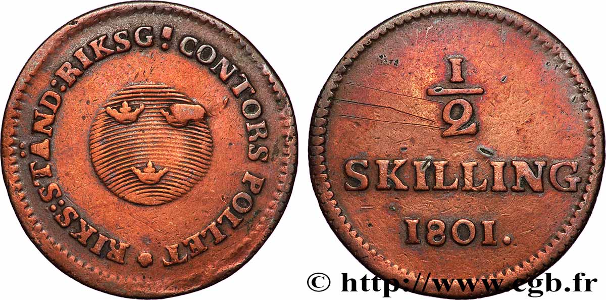 SUÈDE 1/2 Skilling écu aux trois couronnes 1801  TTB 