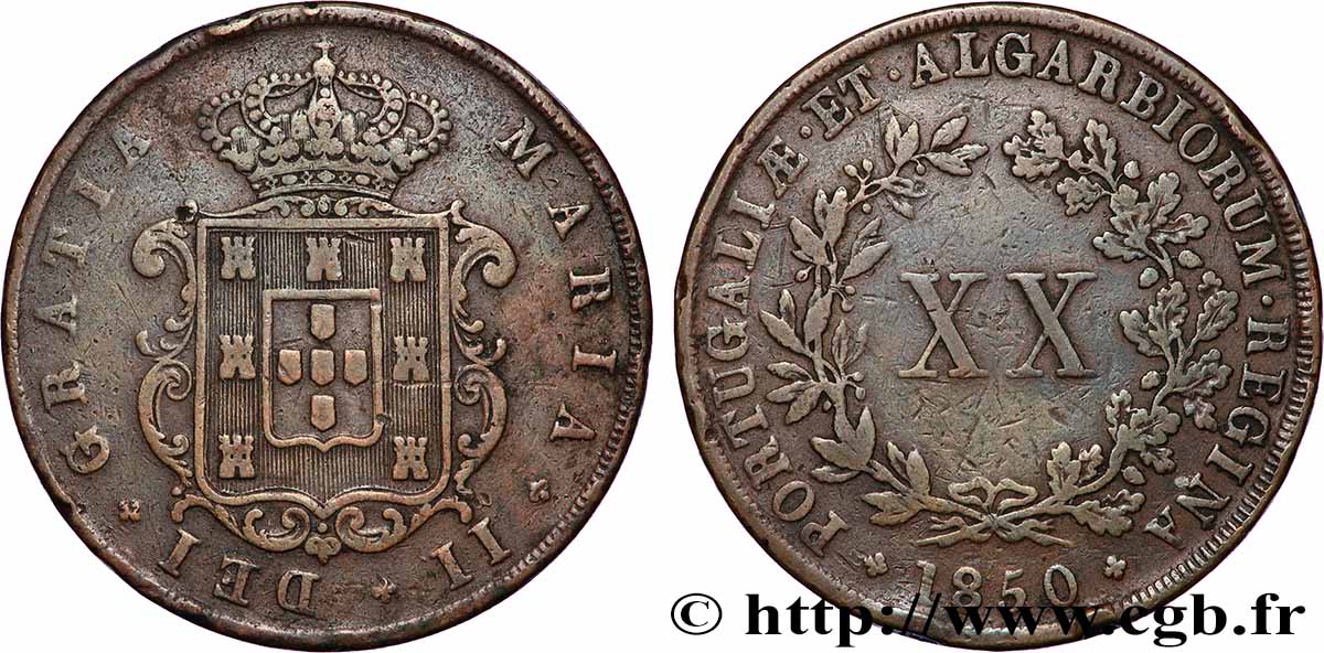 PORTUGAL - ROYAUME DE PORTUGAL - MARIE II  20 Reis  1850  TB+ 