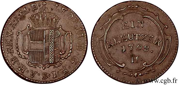 GERMANY - FURTHER AUSTRIA 1 Kreuzer Vorderoesterreich, légende au nom de Léopold II d’Autriche 1792 Halle AU 