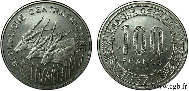 REPúBLICA CENTROAFRICANA Essai de 100 Francs antilopes type “Banque Centrale” 1971 Paris SC 