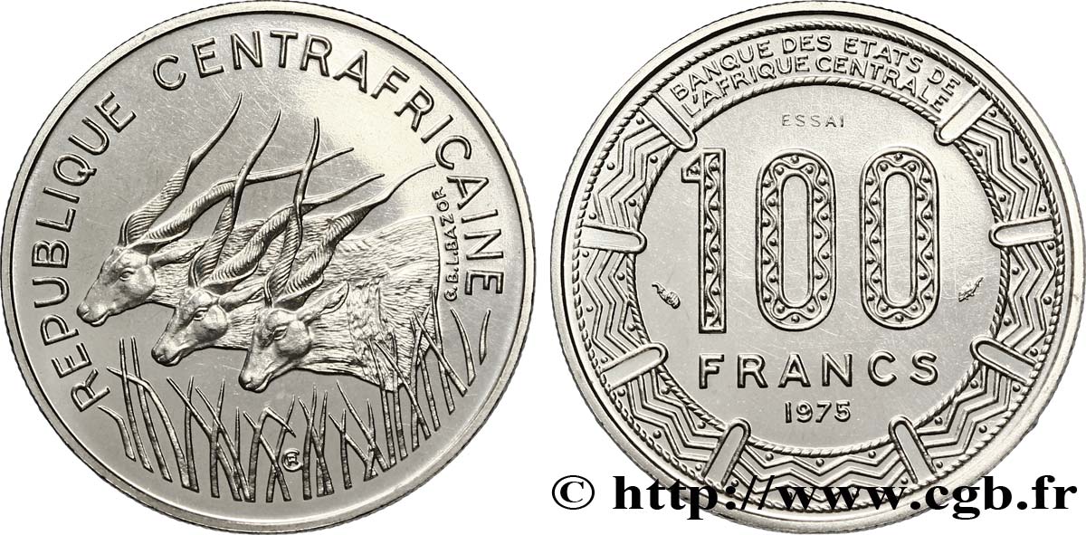 ZENTRALAFRIKANISCHE REPUBLIK Essai de 100 Francs antilopes type “BEAC” 1975 Paris fST 