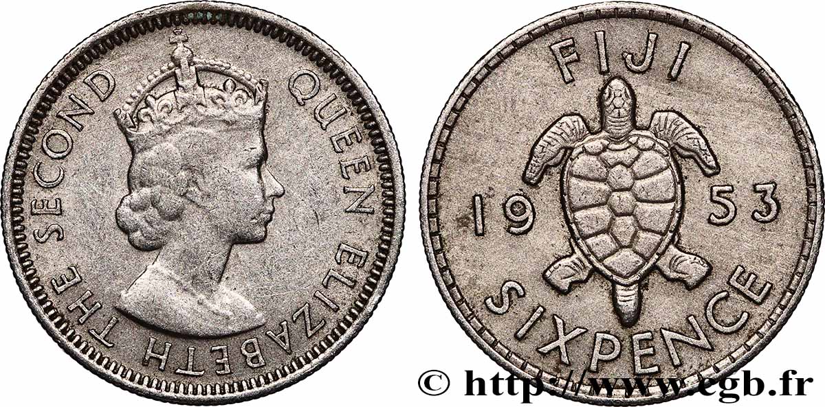 FIDJI 6 Pence Elisabeth II / tortue 1953  SUP 