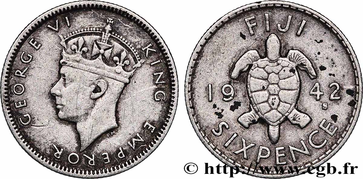 FIDJI 6 Pence Georges  VI / tortue 1942 San Francisco - S TTB 