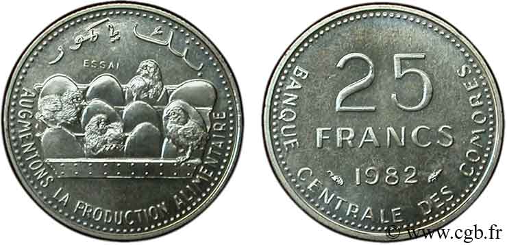 COMOROS Essai de 25 Francs poussins et oeufs 1982 Paris MS 
