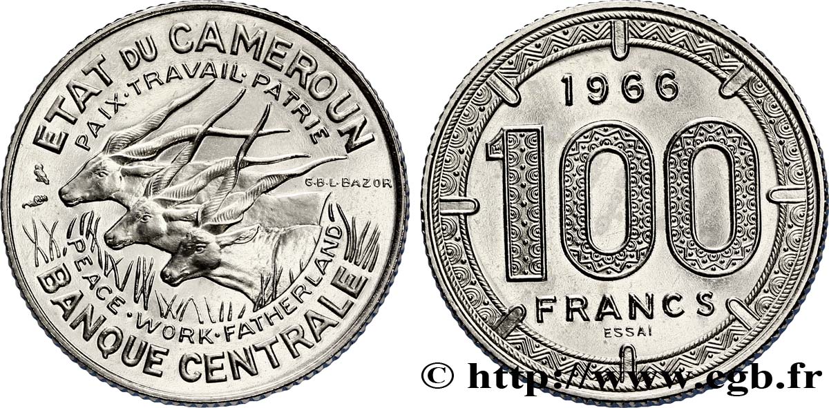 KAMERUN Essai de 100 Francs Etat du Cameroun, commémoration de l’indépendance, antilopes 1966 Paris fST 