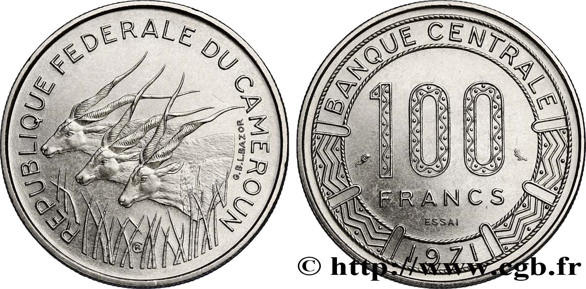 KAMERUN Essai de 100 Francs République Fédérale du Cameroun, antilopes 1971 Paris fST 