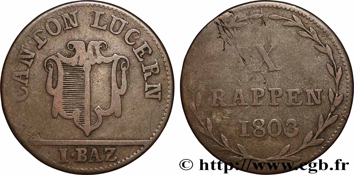 SWITZERLAND - CANTON OF LUCERNE 1 Batzen - X Rappen 1803  VF 