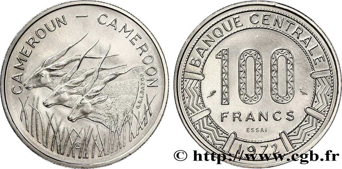 KAMERUN Essai de 100 Francs légende bilingue, type Banque Centrale, antilopes 1972 Paris fST 