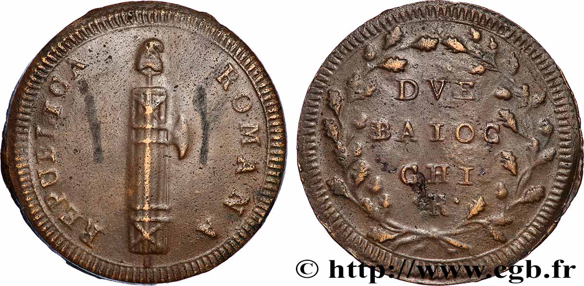 ITALIE - RÉPUBLIQUE ROMAINE 2 Baiocchi, 14e type n.d. Rome TTB 