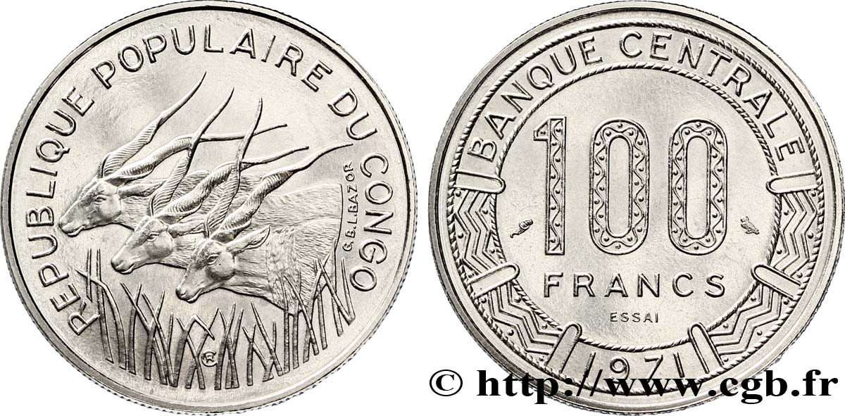 REPúBLICA DEL CONGO Essai de 100 Francs type “Banque Centrale”, antilopes 1971 Paris SC 