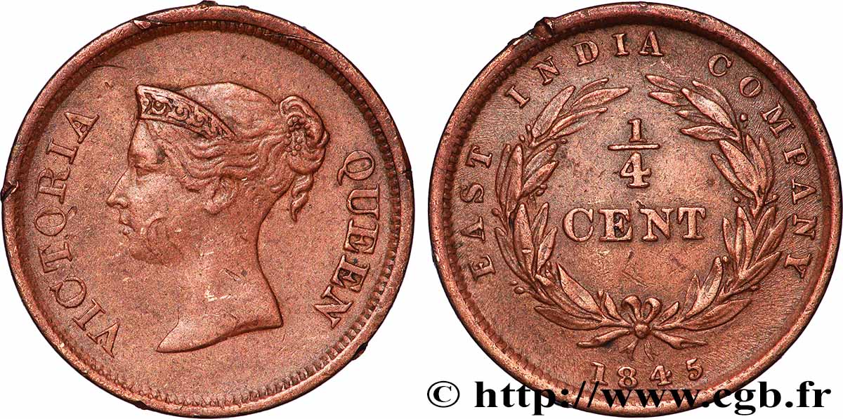 MALAISIE - ÉTABLISSEMENTS DES DÉTROITS 1/4 Cent Victoria 1845  TB+ 