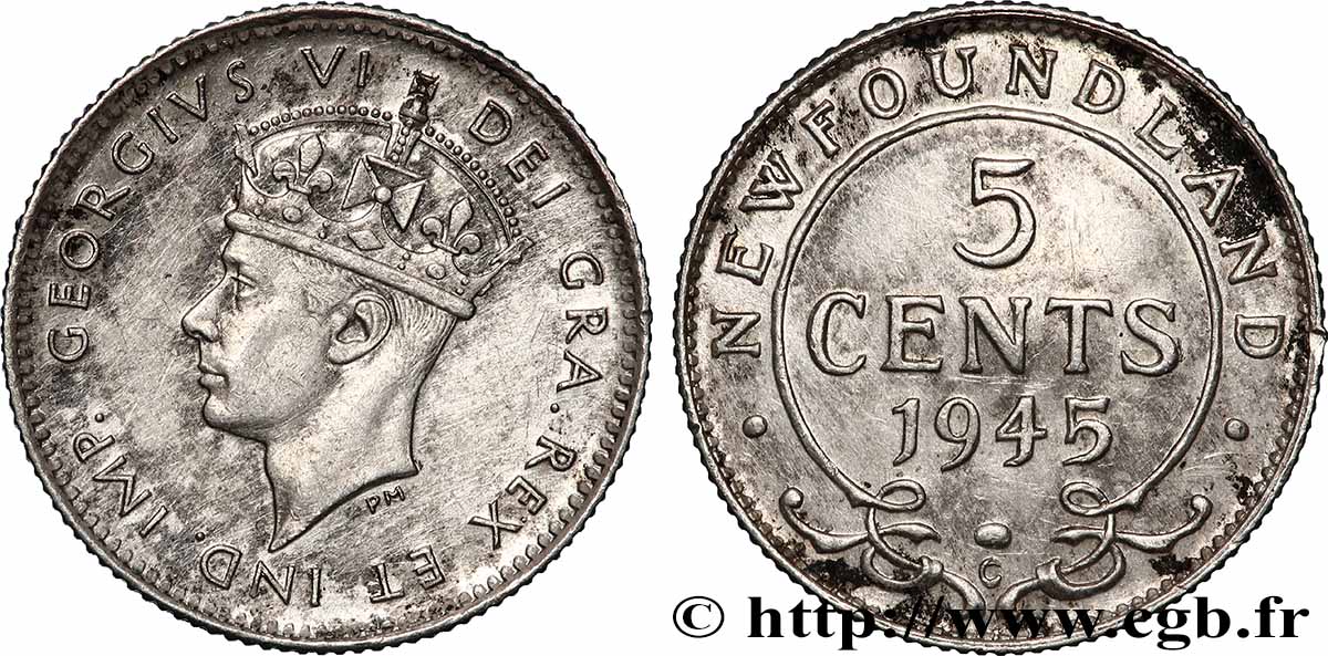 TERRE-NEUVE 5 Cents Georges VI 1945  TTB+ 