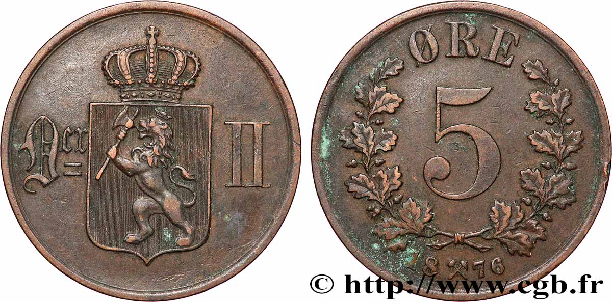 NORVÈGE 5 Ore Oscar II 1876 Kongsberg TTB 