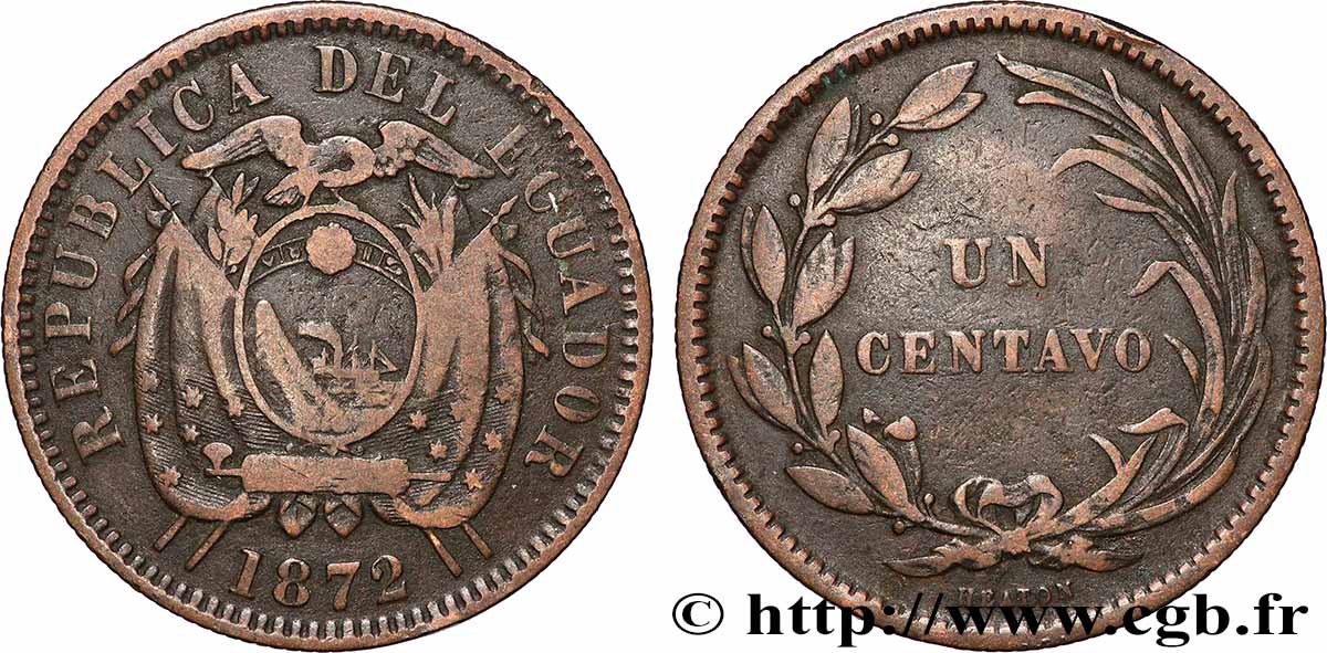 ÉQUATEUR 1 Centavo 1872 Heaton TB+ 