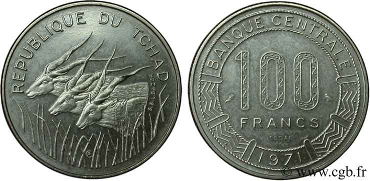 TSCHAD Essai 100 Francs type “Banque Centrale”, antilopes 1971 Paris fST 