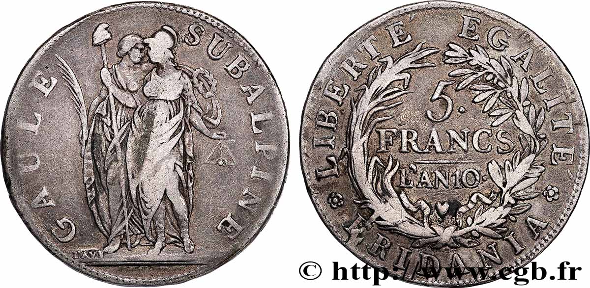 ITALIE - GAULE SUBALPINE 5 Francs an 10 1802 Turin TTB 