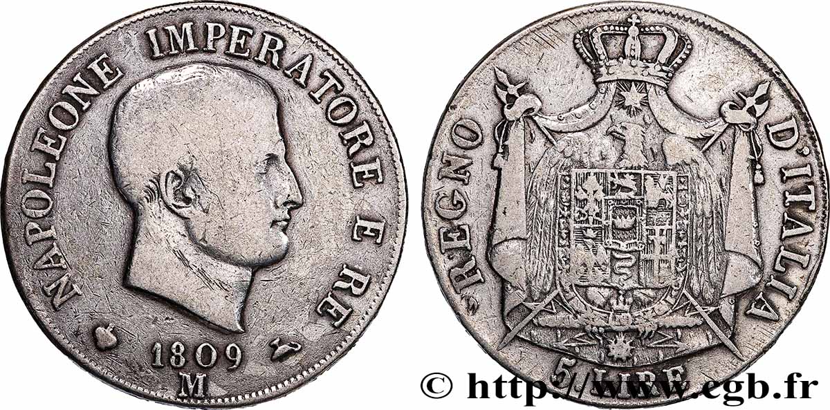 ITALIE - ROYAUME D&nbsp;ITALIE - NAPOLÉON Ier 5 Lire 1809 Milan TB+ 