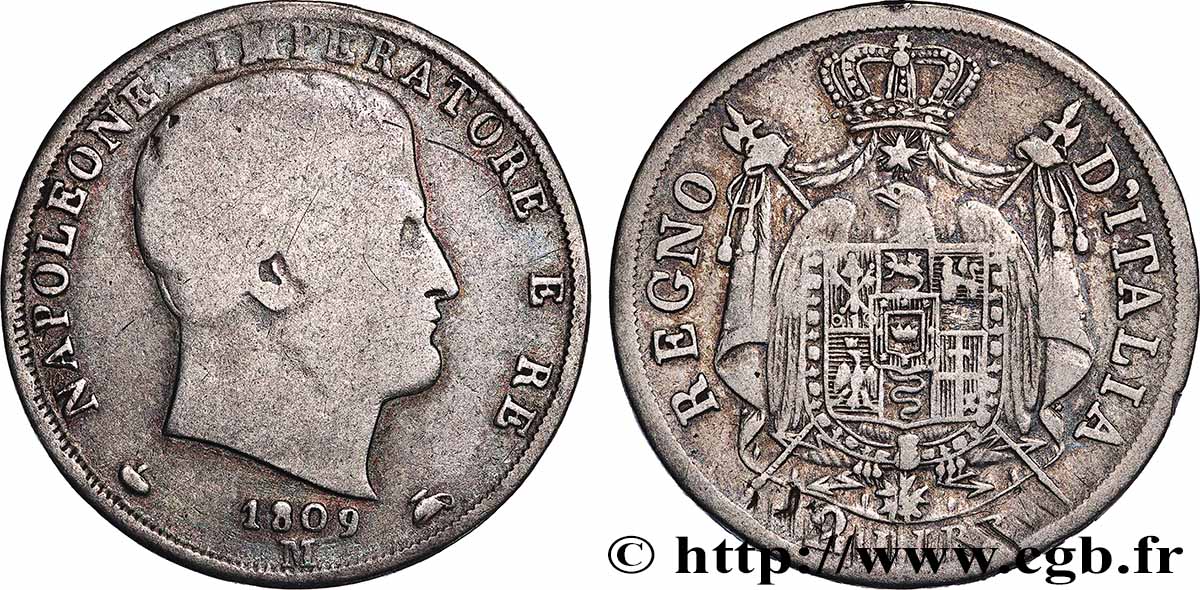 ITALY - KINGDOM OF ITALY - NAPOLEON I 2 Lire Napoléon Empereur et Roi d’Italie tranche en creux 1809 Milan - M VF 