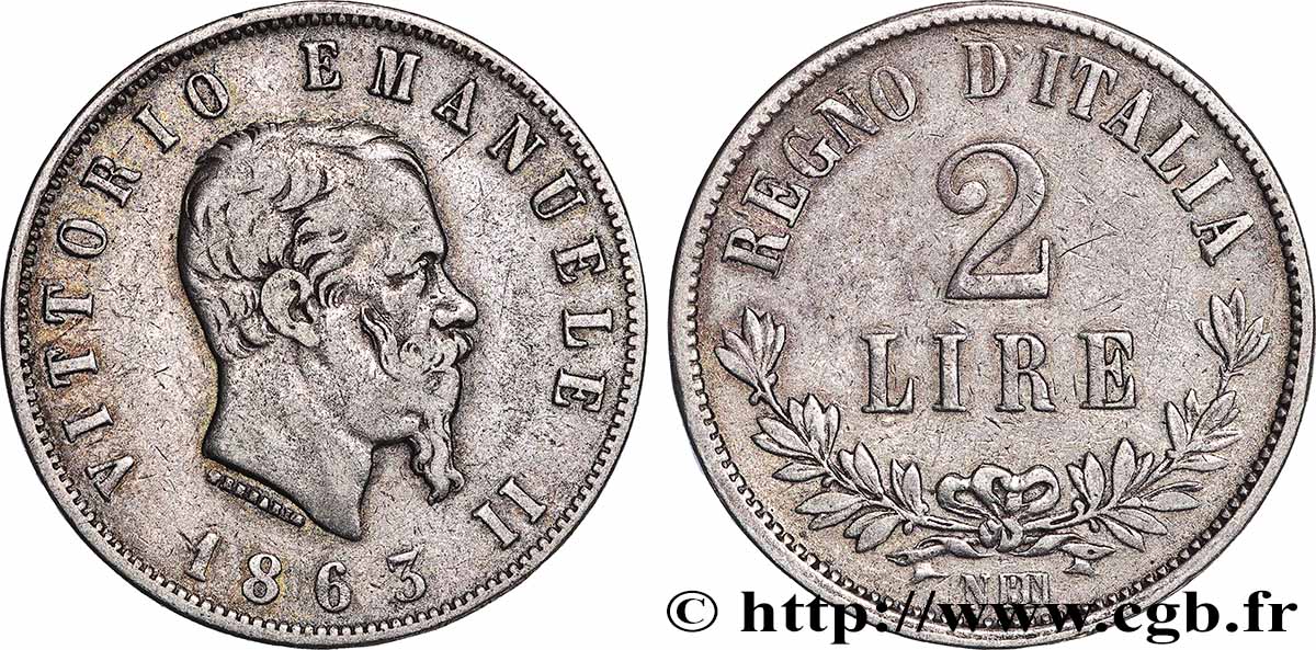 ITALIE 2 Lire Victor Emmanuel II 1863 Naples TTB 
